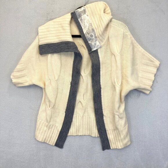 Antonio Melani Short Sleeve Cardigan Medium M Merino Wool Cream Cable Heavy Open - Picture 2 of 16